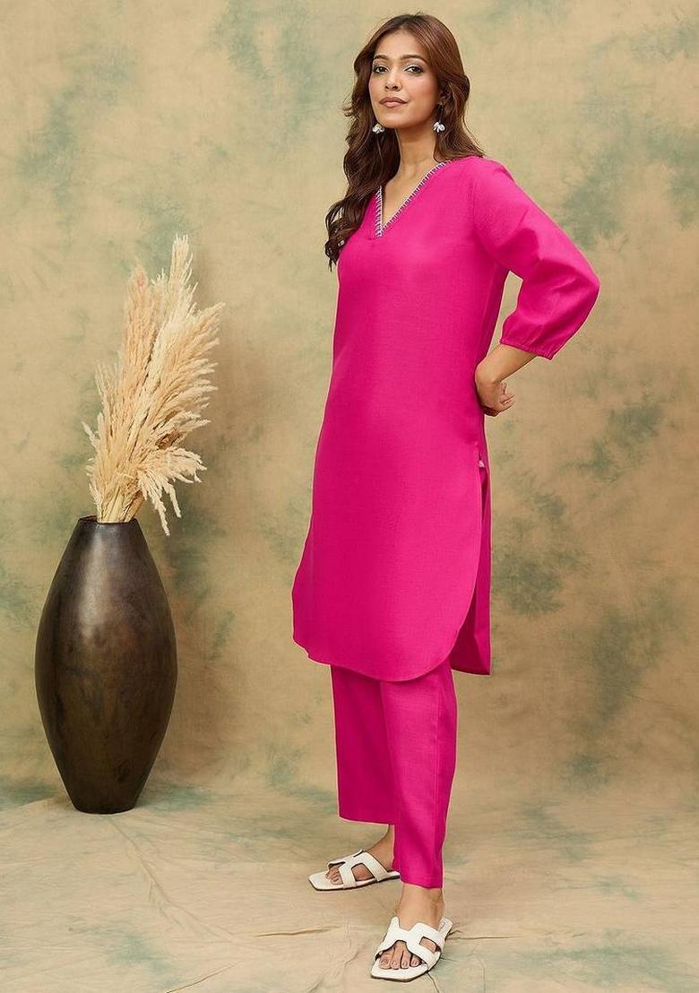 Fuchsia Solid Cotton Kurta Set - Indya