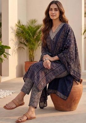 Navy Blue Floral Print Cotton Kurta Set