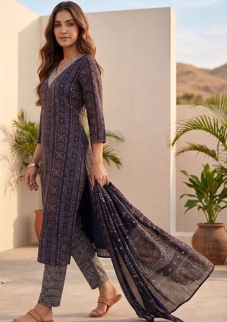 Navy Blue Floral Print Cotton Kurta Set - Indya