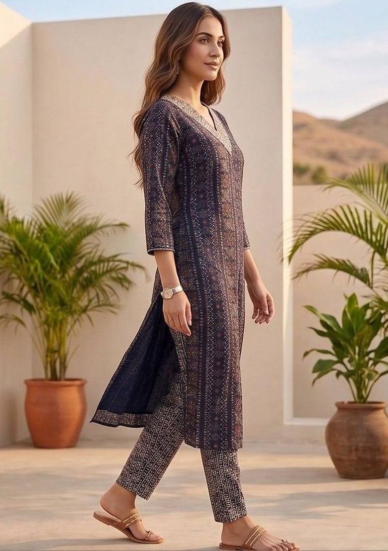 Navy Blue Floral Print Cotton Kurta Set - Indya