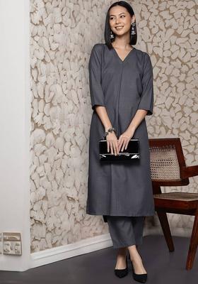 Grey Solid Cotton Kurta Set