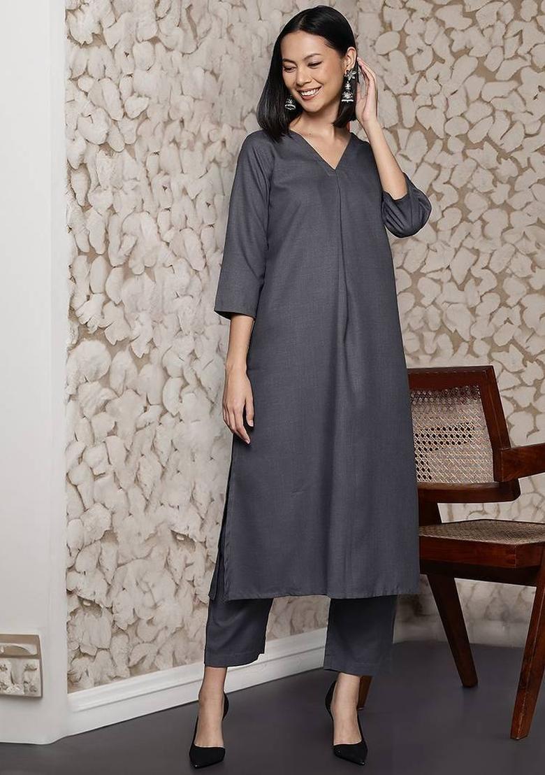 Grey Solid Cotton Kurta Set - Indya