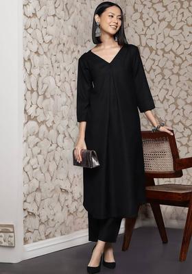 Black Solid Cotton Kurta Set