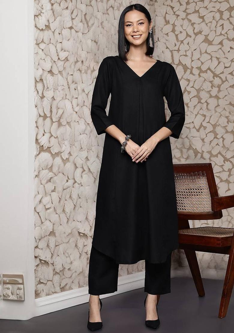 Black Solid Cotton Kurta Set - Indya
