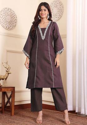 Brown Embroidery Cotton Kurta Set
