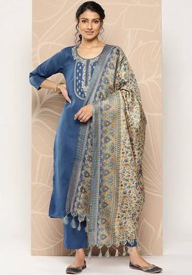 Blue Embroidery Cotton Kurta Set