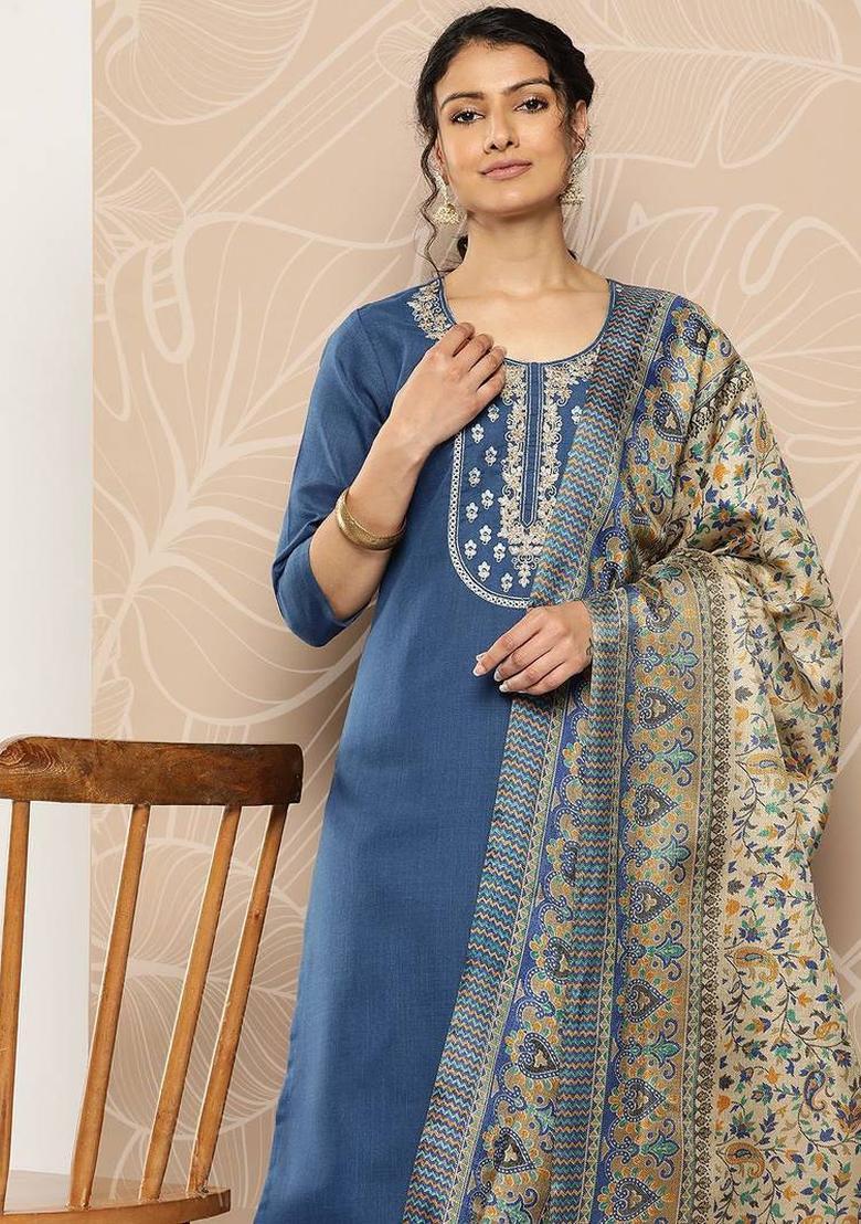 Blue Embroidery Cotton Kurta Set - Indya