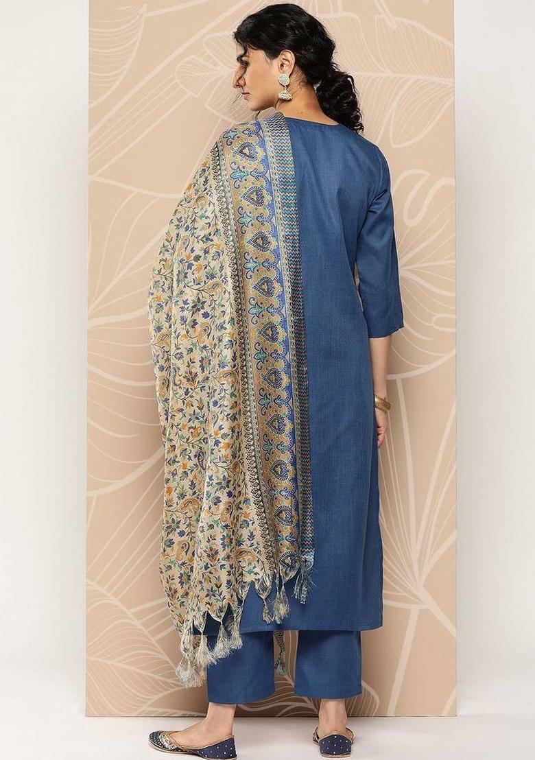 Blue Embroidery Cotton Kurta Set - Indya