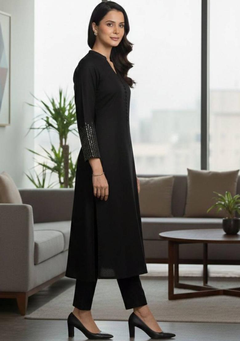 Black Embroidery Cotton Kurta Set - Indya