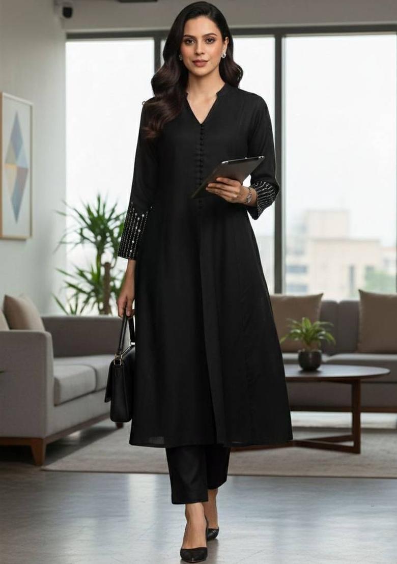 Black Embroidery Cotton Kurta Set - Indya