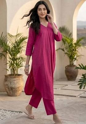 Pink Solid Cotton Kurta Set