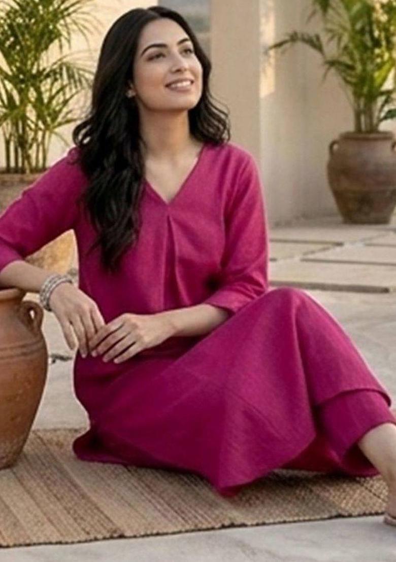 Pink Solid Cotton Kurta Set - Indya