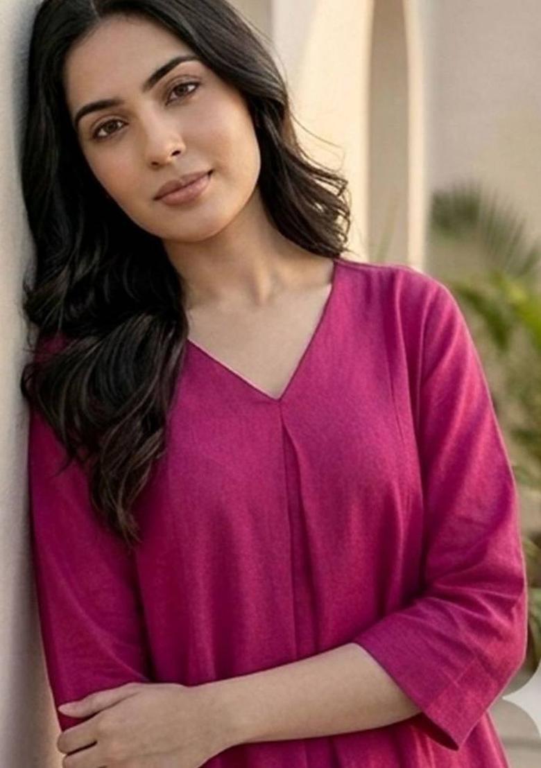 Pink Solid Cotton Kurta Set - Indya