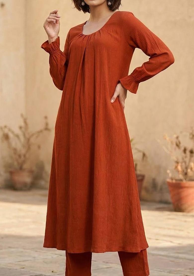 Mustard Solid Rayon Kurta Set - Indya