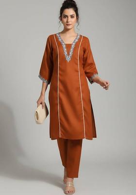 Mustard Embroidery Cotton Kurta Set