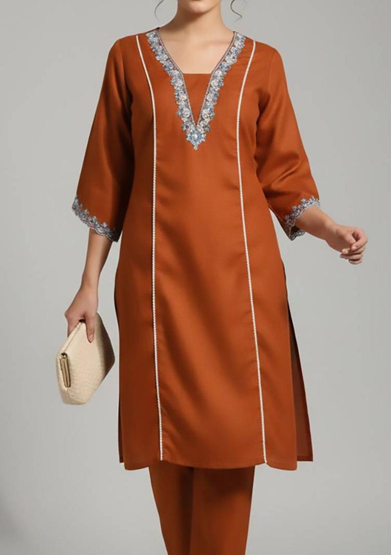 Mustard Embroidery Cotton Kurta Set - Indya
