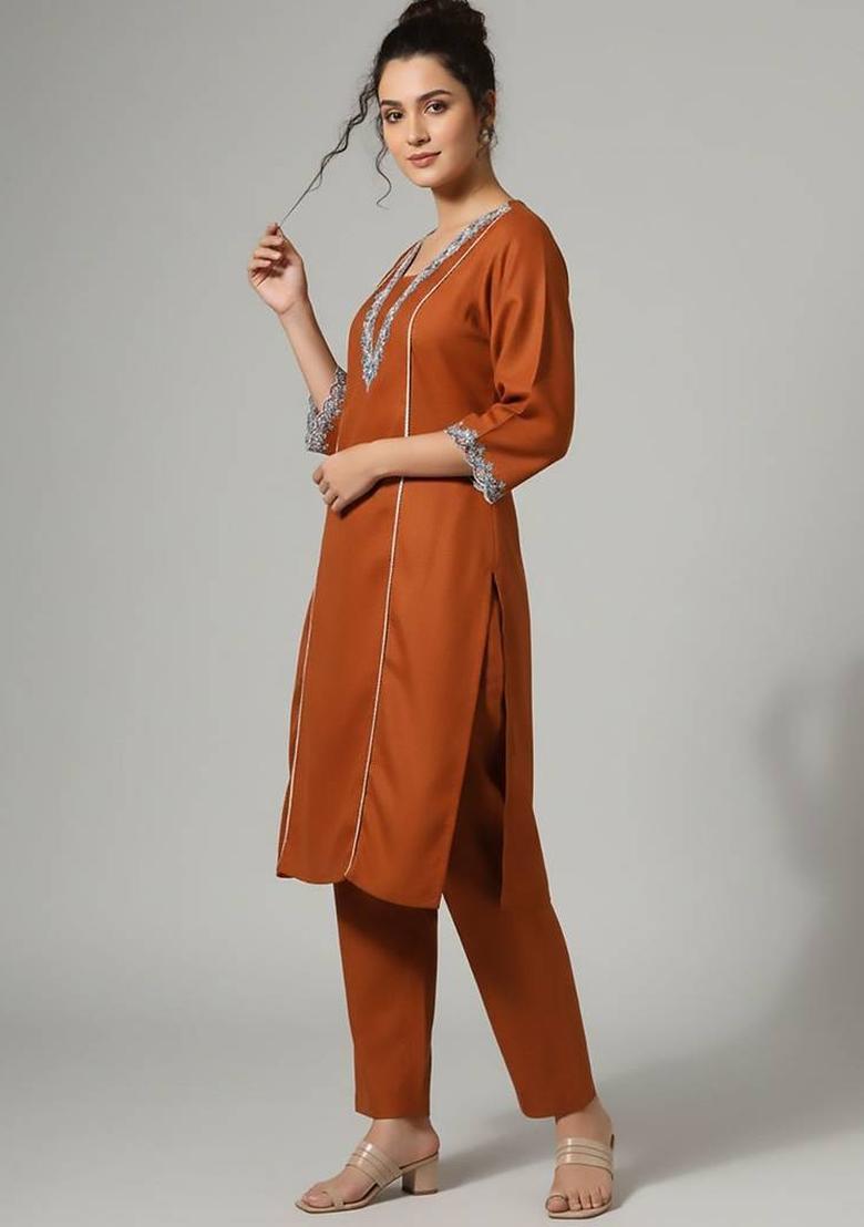 Mustard Embroidery Cotton Kurta Set - Indya