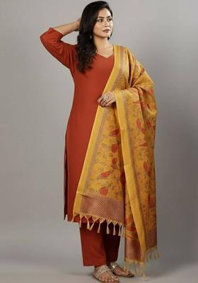 Mustard Solid Cotton Kurta Set