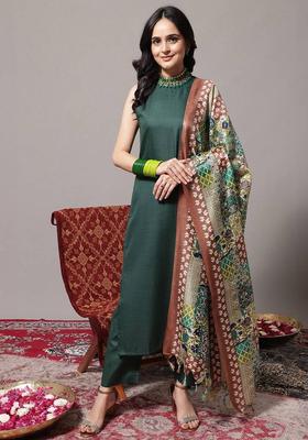 Green Solid Cotton Kurta Set