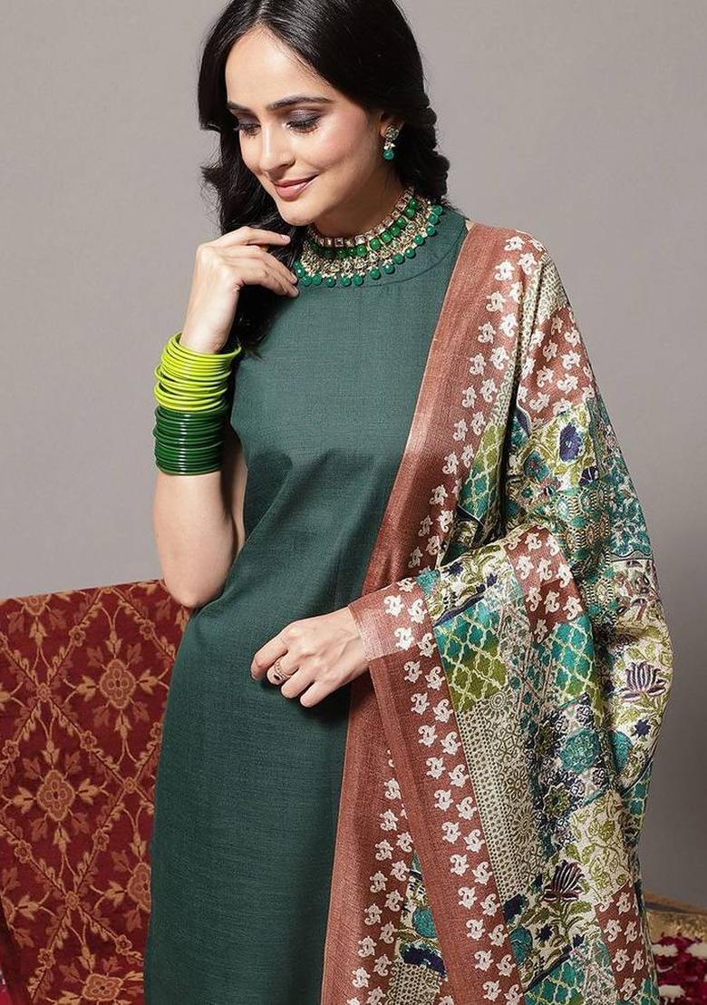 Green Solid Cotton Kurta Set - Indya