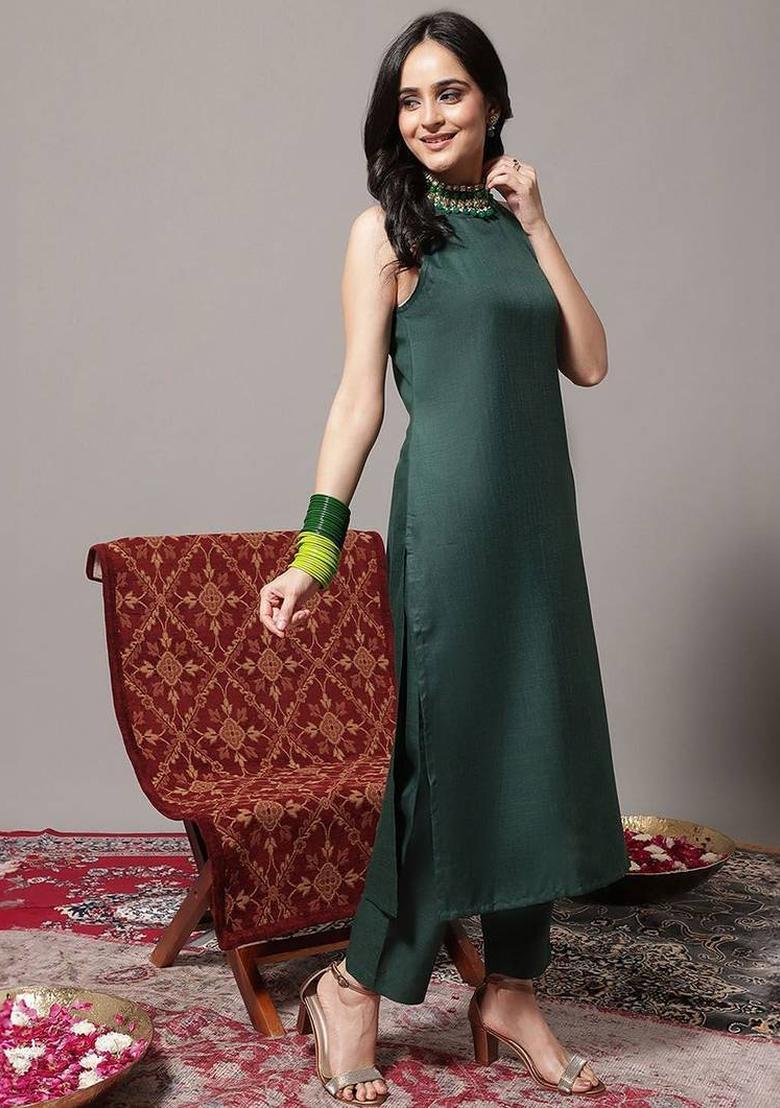 Green Solid Cotton Kurta Set - Indya