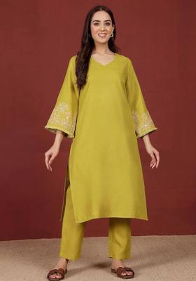 Lime Green Embroidery Cotton Kurta Set
