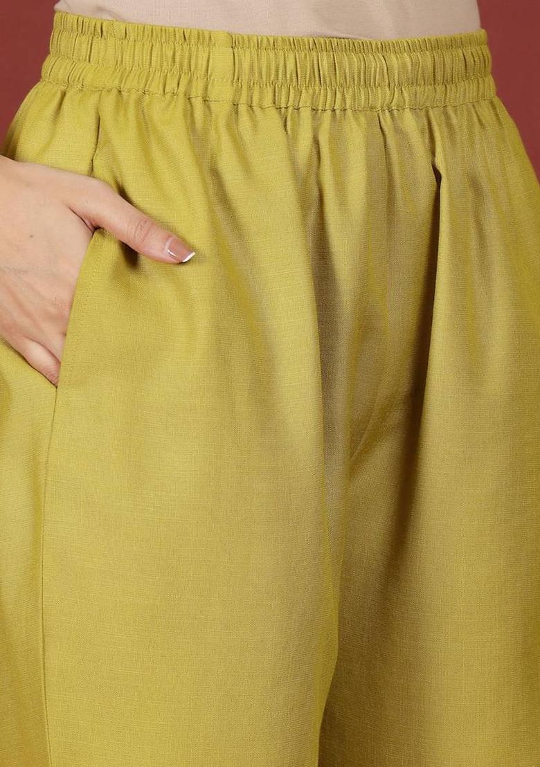 Lime Green Embroidery Cotton Kurta Set - Indya