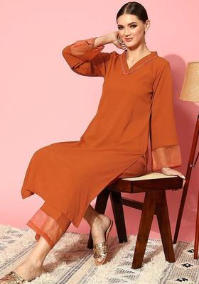 Mustard Solid Silk Kurta Set