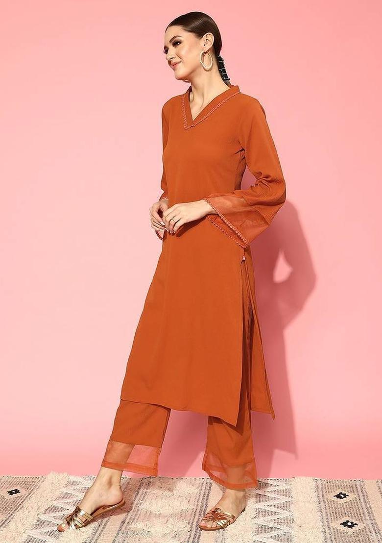 Mustard Solid Silk Kurta Set - Indya