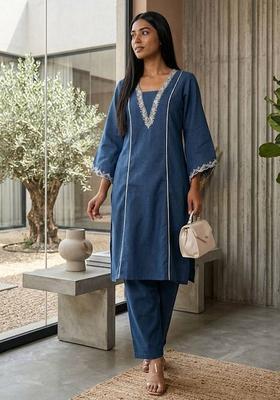 Navy Blue Embroidery Cotton Kurta Set