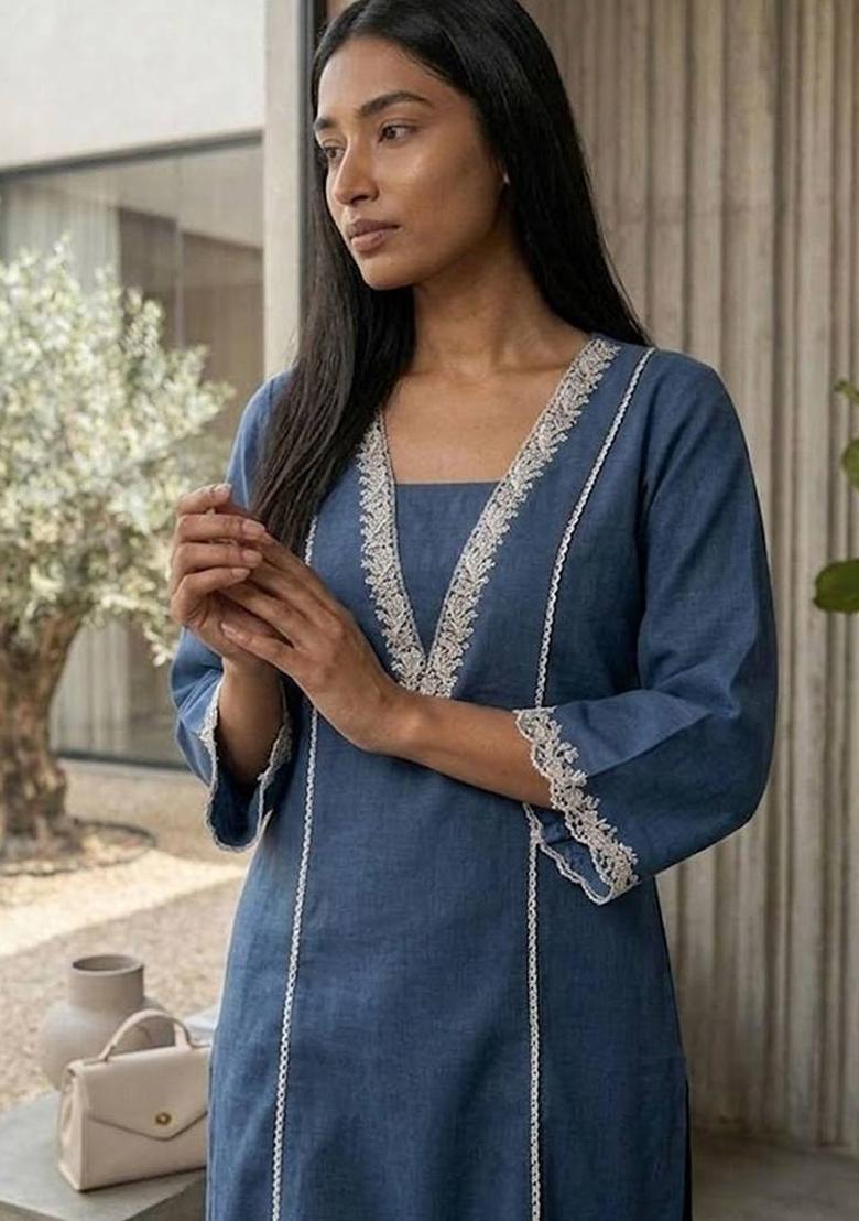 Navy Blue Embroidery Cotton Kurta Set - Indya