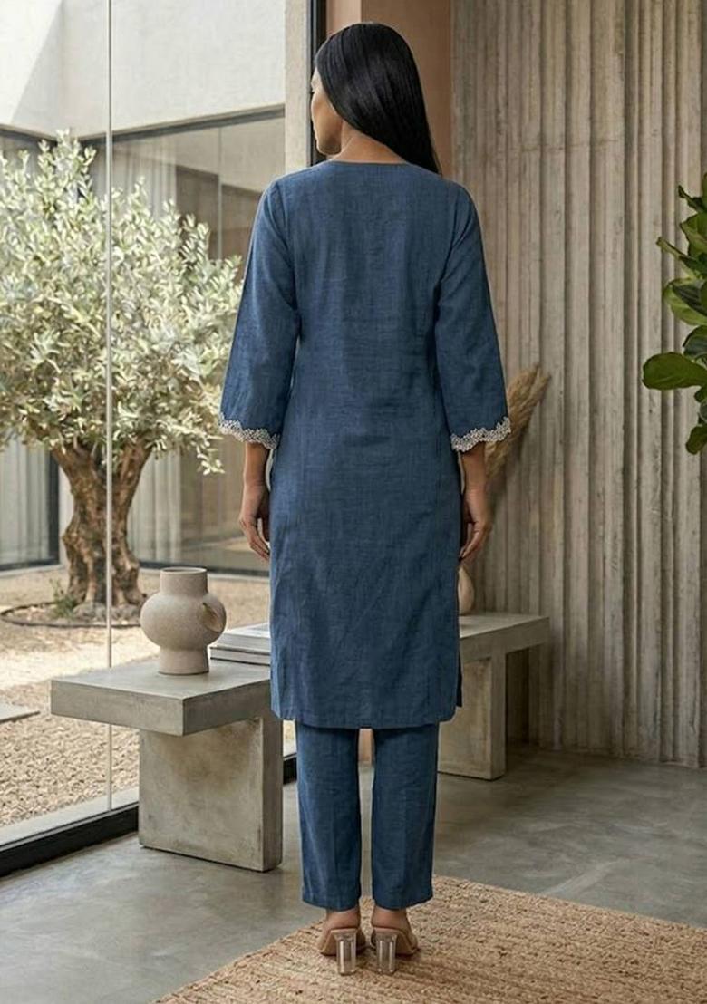Navy Blue Embroidery Cotton Kurta Set - Indya