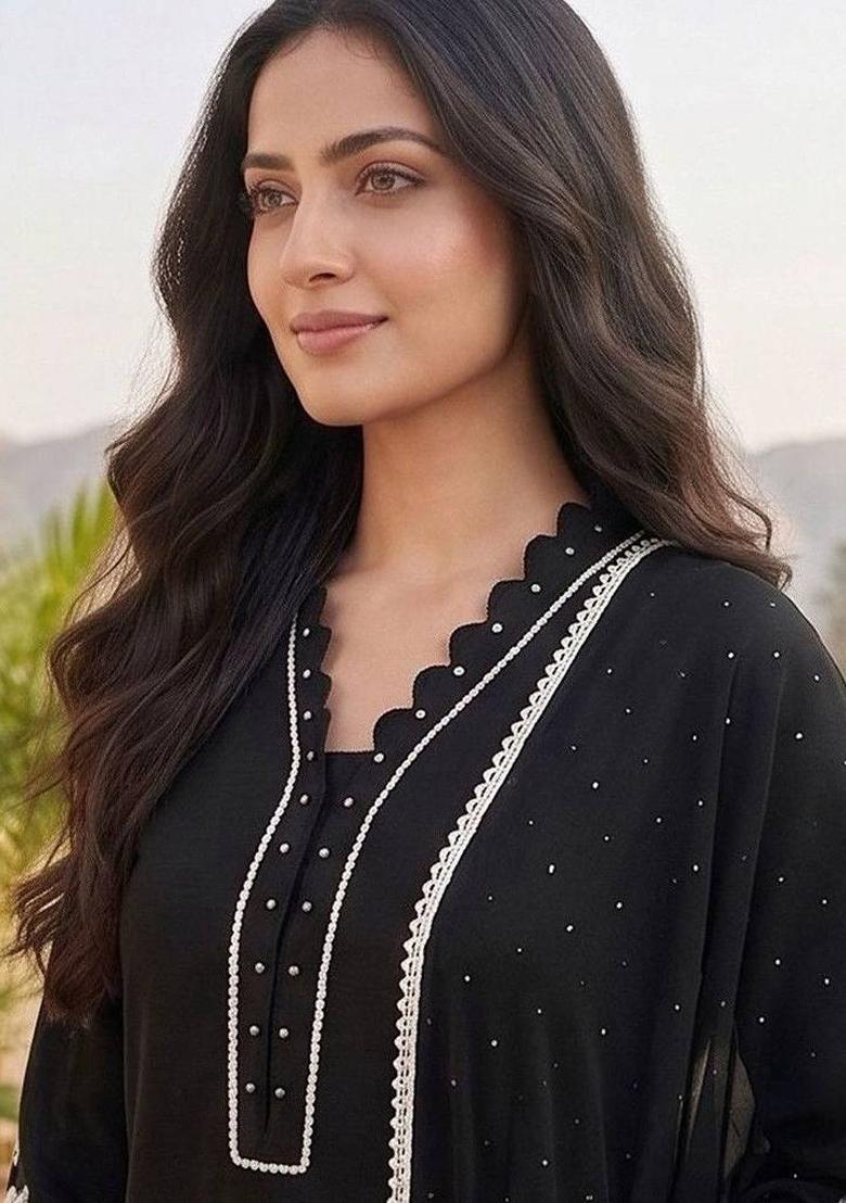 Black Embroidery Silk Kurta Set - Indya