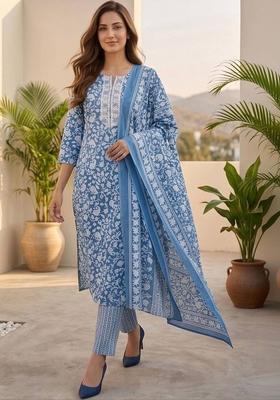 Blue Floral Print Cotton Kurta Set