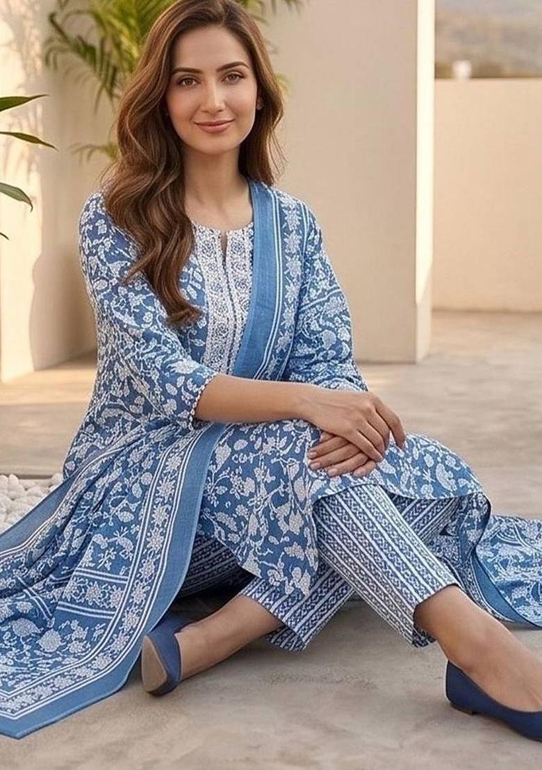 Blue Floral Print Cotton Kurta Set - Indya