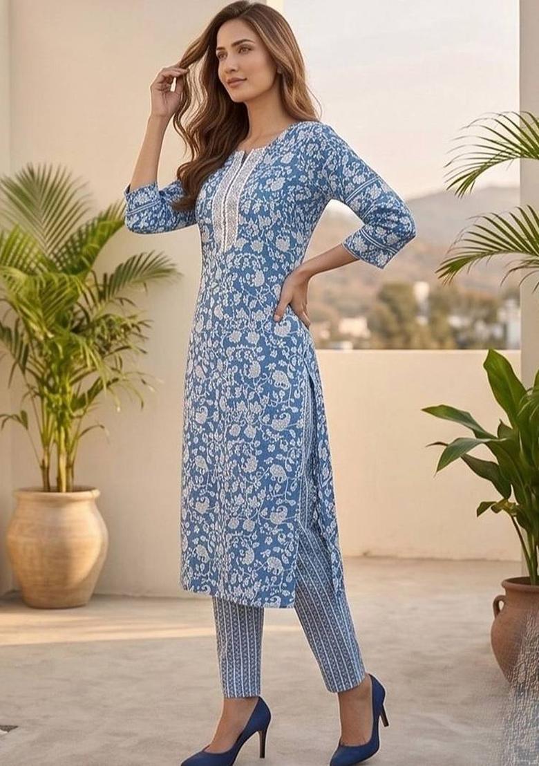 Blue Floral Print Cotton Kurta Set - Indya