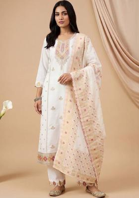 Off White Embroidery Silk Kurta Set