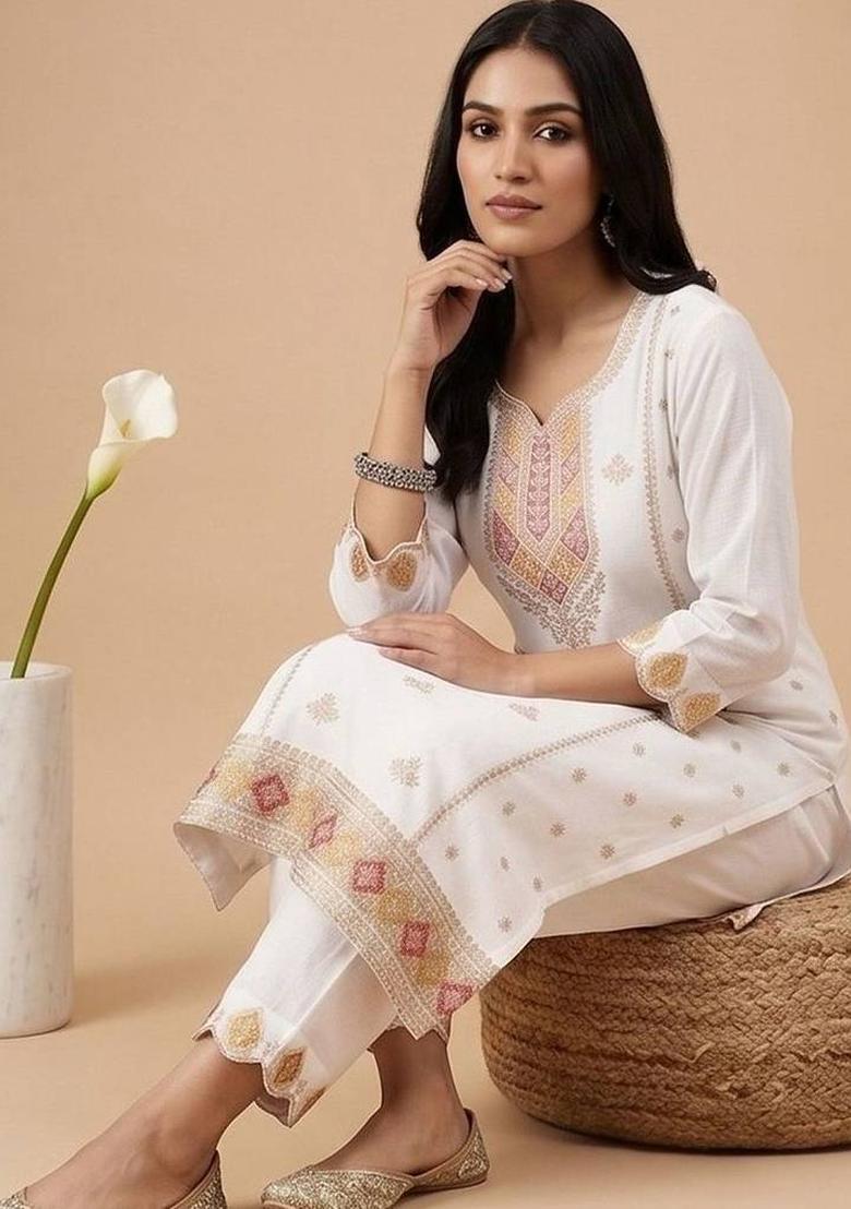 Off White Embroidery Silk Kurta Set - Indya