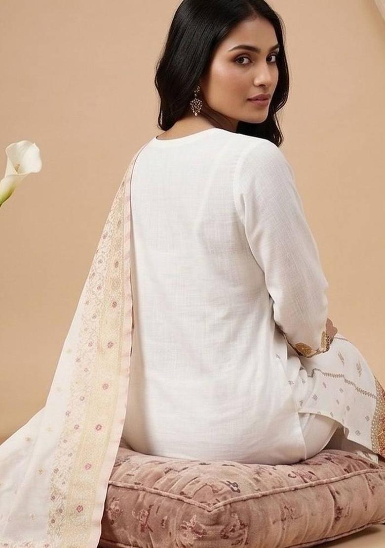 Off White Embroidery Silk Kurta Set - Indya