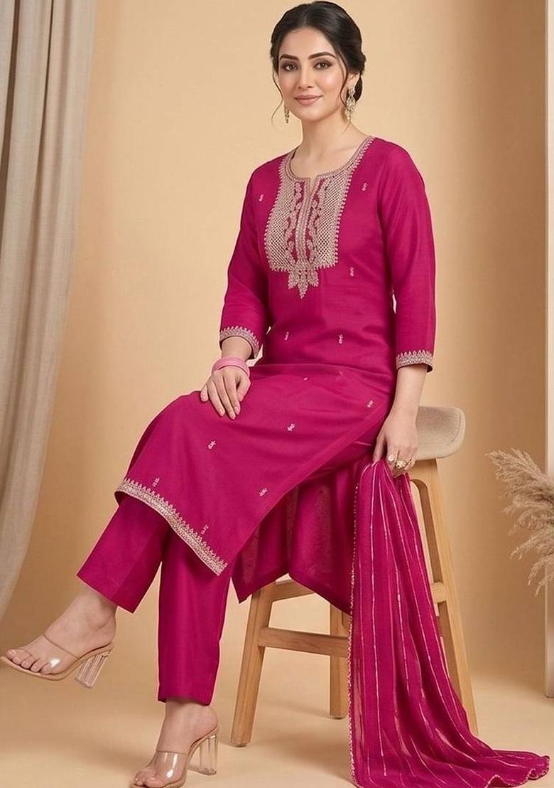Pink Embroidery Silk Kurta Set - Indya