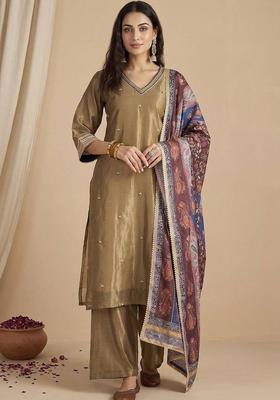 Olive Embroidery Silk Kurta Set
