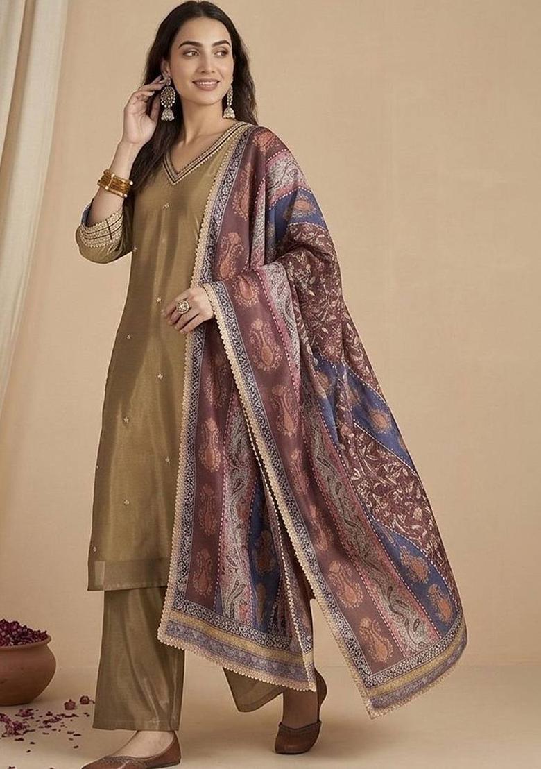 Olive Embroidery Silk Kurta Set - Indya
