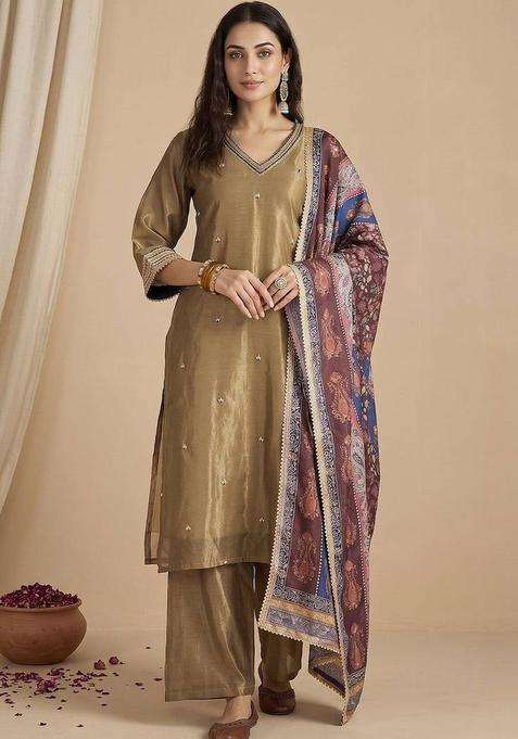 Olive Embroidery Silk Kurta Set