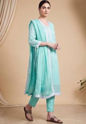 Turquoise Blue Solid Cotton Kurta Set