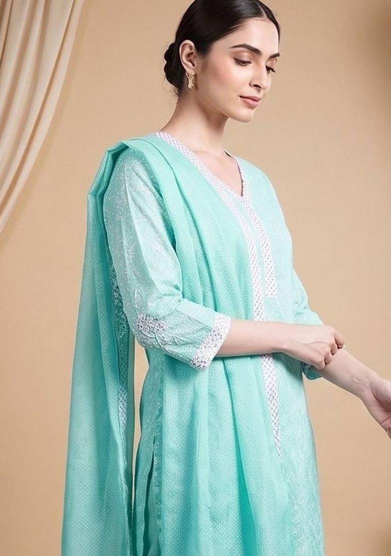 Turquoise Blue Solid Cotton Kurta Set - Indya