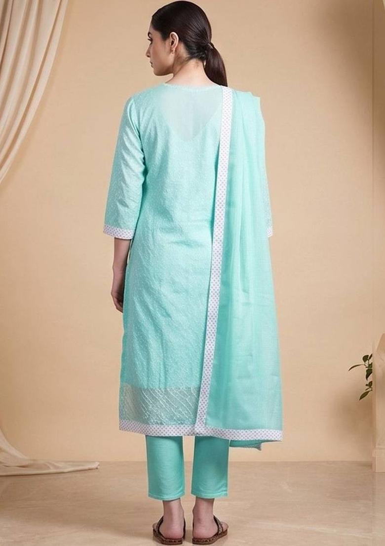 Turquoise Blue Solid Cotton Kurta Set - Indya