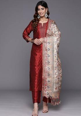 Maroon Floral Print Silk Kurta Set
