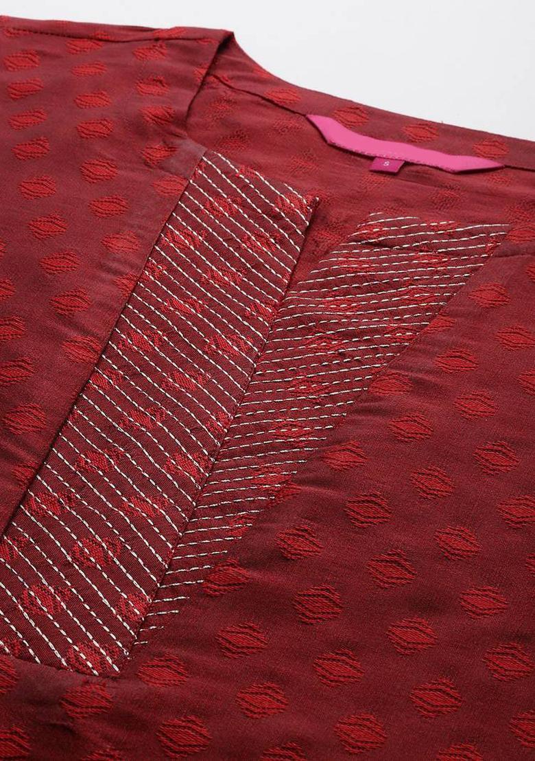 Maroon Floral Print Silk Kurta Set - Indya