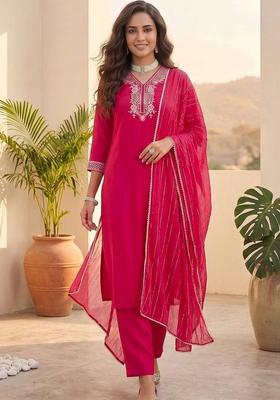 Red Embroidery Silk Kurta Set