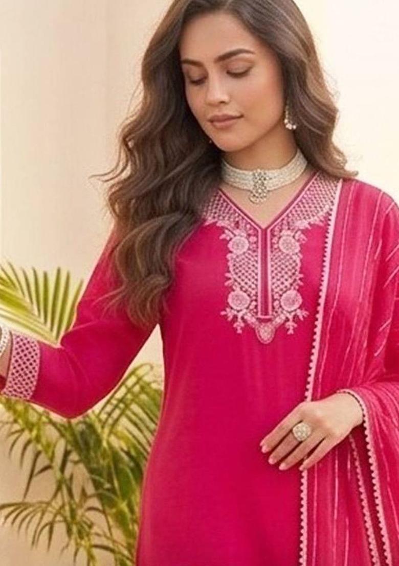 Red Embroidery Silk Kurta Set - Indya